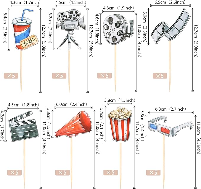 40 PCS Double Sided Movie Night Roll Glasses Camera Popcorn Cupcake Picks Projector Hollywood Cake Decorations for Kids Birthday Party Decro Supplies