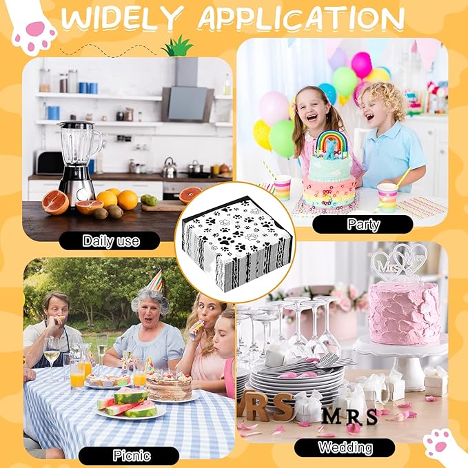CHENGU 100 Pieces Paw Print Napkins 2 Layers Paw Print Party Supplies Farm Animal Party Napkins for Animal Themed Birthday Western Part, 5 x 5 Inch(Black)