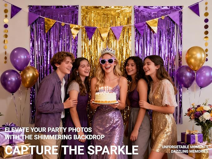 3 Packs Purple Gold Foil Fringe Curtains, Birthday Party Decorations Backdrop Tinsel Steamer, Wedding Engagement Bridal Shower Party Decorations Retirement Decor Graduation Party Backdrop