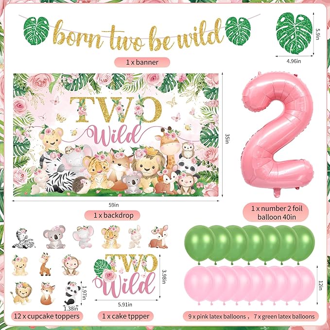 Two Wild Birthday Decorations Girl Pink Jungle Animal Theme 2nd Birthday Party Supplies Include Two Wild Backdrop Banner Balloons Cupcake Toppers for Girl 2 Year Old Safari Party Decor