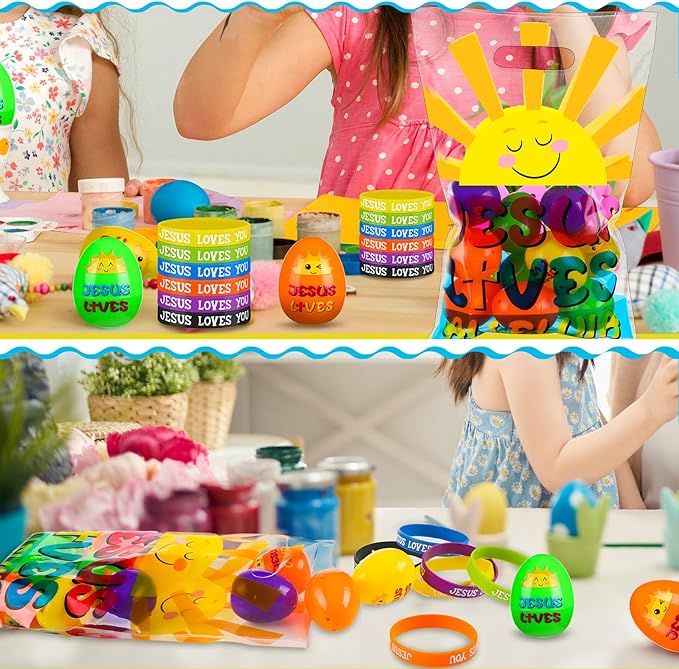 108 Pcs Easter Religious Party Favor Easter Eggs Fillers Christian Goody Bags Jesus Loves You Wristbands Party Supplies for Gift Church (Jesus Lives)