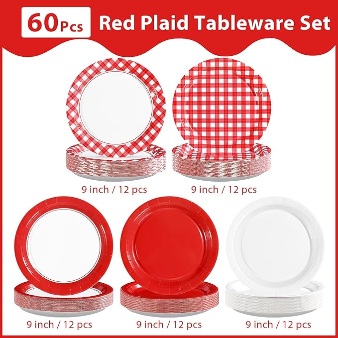 60Pcs Red Gingham Paper Plates 9" Heavy Duty Red and White Checkered Dessert Plate Disposable Plaid Solid Color Gingham Party Supplies for Summer Pizza BBQ Picnic Baby Shower Birthday Party Decoration