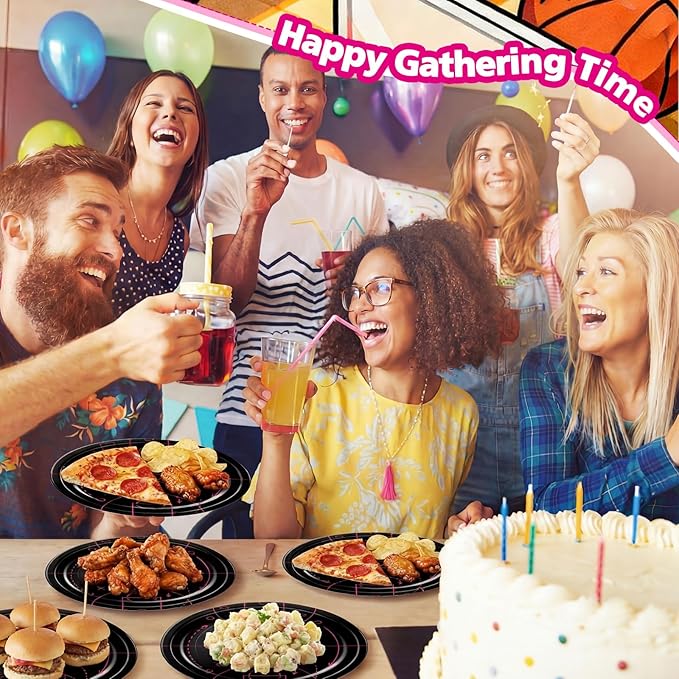 Qinyoung 100 Pcs Basketball Paper Plates 9" Disposable Birthday Party Plates Dinner Dessert Tableware Supplies for Basketball Sports Themed Birthday Game Day Party Decorations, Serves 50(Black,Pink)