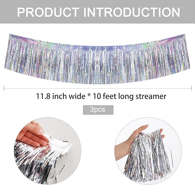 BEISHIDA 3 Packs 30 Feet Metallic Foil Fringe Garland Tinsel Streamers，Laser Silver Wall Hanging Tinsel Fringe Banners for Wedding Birthday Party Decoration Halloween Christmas New Year