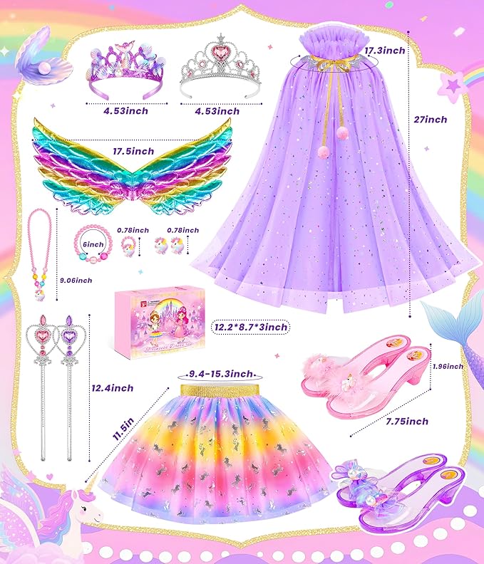 Jeowoqao Princess Dress Up Clothes for Little Girls, Dress Up Shoes Pretend Play Unicorn Mermaid Costumes, Tutu Skirt, Princesss Cape Crown Wand Accessories Toys Christmas Gifts for Girl Kids3 4 5 6