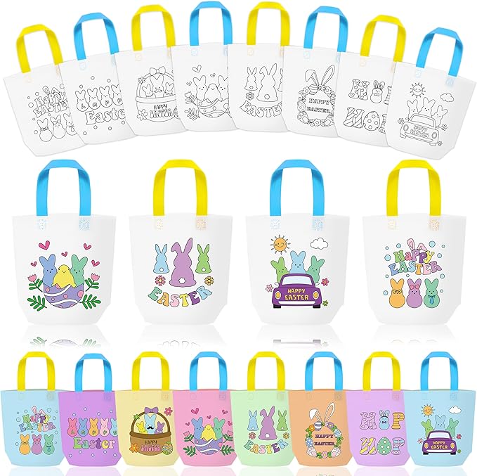 Easter Coloring Goodie Bags for Kids - 24Pcs Bunny Bulk Color Your Own Gift Bags with Handle Colorful Rabbit Reusable Non Woven Coloring Tote Packet for Spring Easter Holiday Party DIY Painting Favors