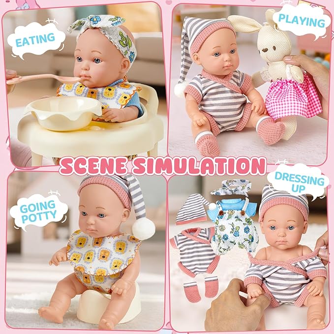 Baby Doll Accessories Set for Girls, 9'' Baby Doll with 2 Sets Clothes Doll Walker Chair Feeding Bottle Pacifier Diaper Blanket, Realistic Pretend Play Toys Toddler Girl Birthday Gifts 3 4 5 6