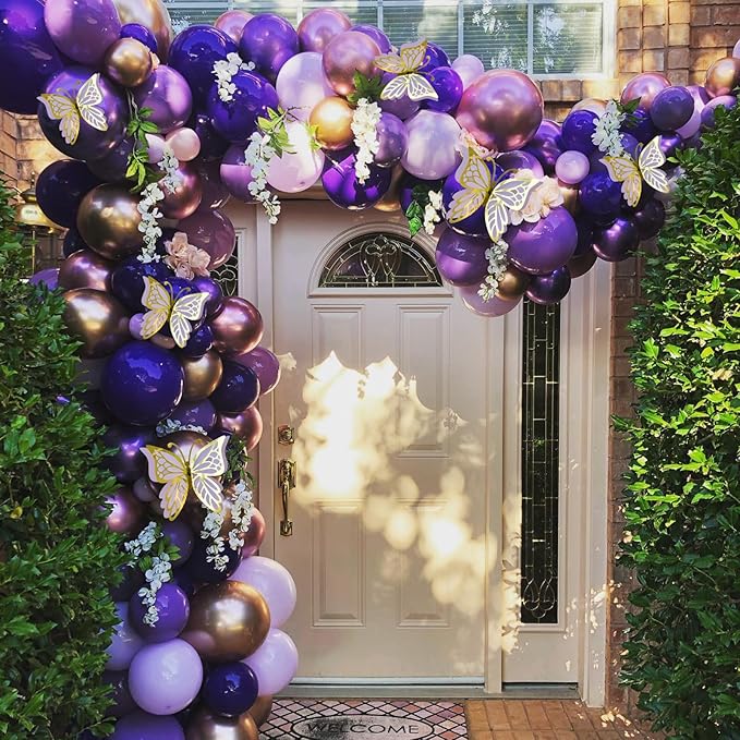 Purple Balloon Garland Kit With Butterfly Dark And Gold Arch Lavender Light Decoration For Baby Girl Princess Party Birthday