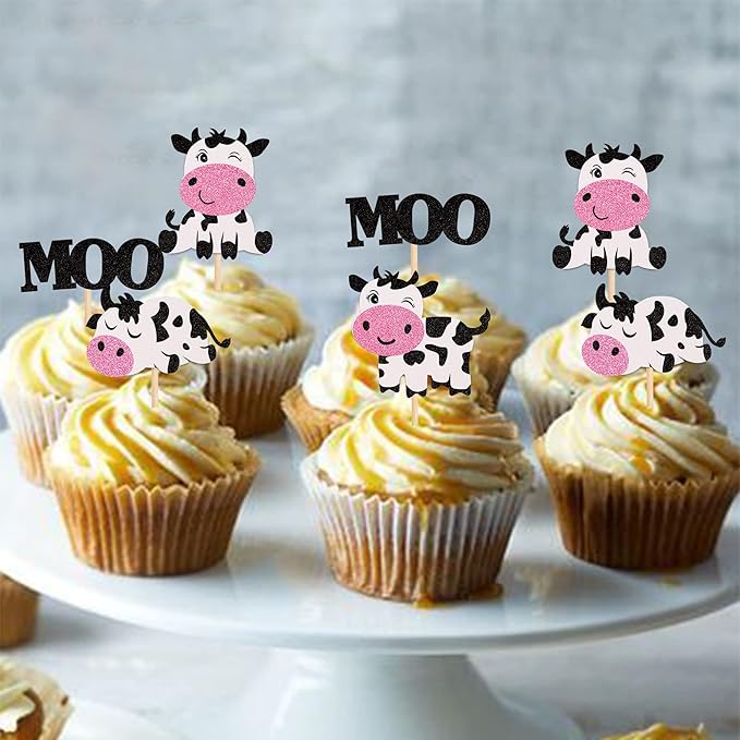 24 PCS Cow Cupcake Toppers Glitter Farm Animals Moo Cupcake Picks Cow Theme Baby Shower Kids Birthday Party Cake Decorations Supplies