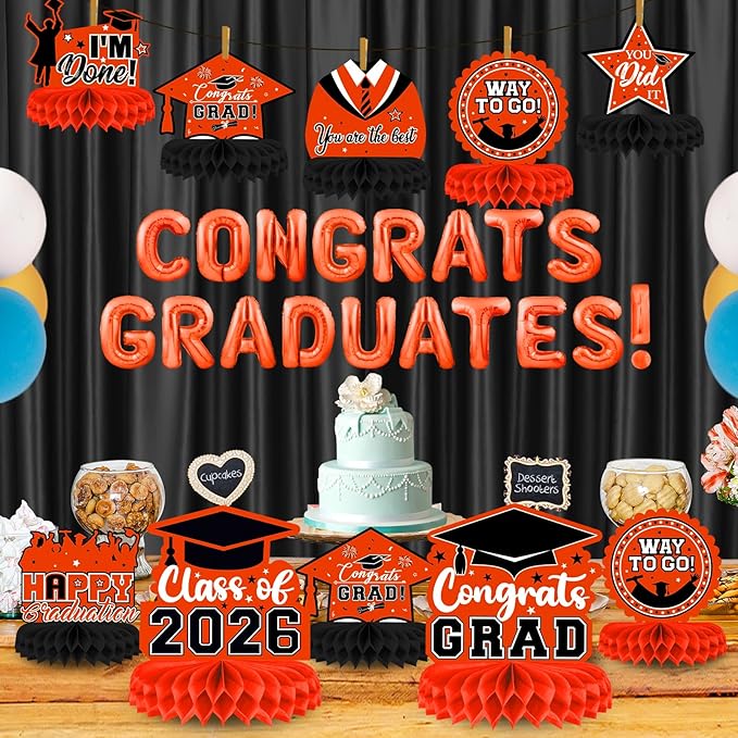 8 Pieces Class of 2026 Graduation Table Decorations - 2026 Congrats Grad Honeycomb Centerpieces, Graduation Table Toppers Decor for 2026 Graduation Party Decorations Favor Supplies, Orange