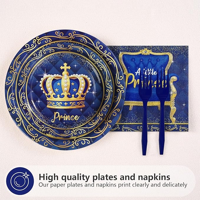 96Pcs Royal Prince Baby Shower Decorations A Little Prince is On His Way Plates and Napkins Blue Gold Little Prince Tableware Set for Kid Boy Baby Shower Birthday Party Supplies Serves 24