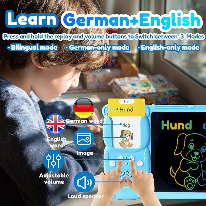 Drawing Tablet with Bilingual Flashcards for Kids - German English Talking Flash Cards, LCD Writing Pad Board, Pocket Speech for Toddlers, Learning Toy Gift for Boys Girls (German, Blue)