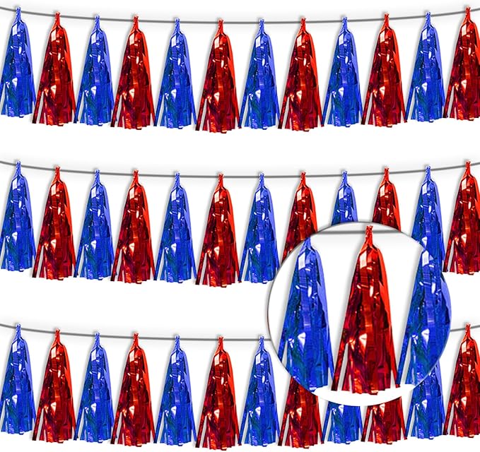 3P Blue Red Metallic Fringe Tassel Banner Garland Foil Tinsel Streamer Wall Curtain Backdrop for Parade Floats, Graduation, Independence Day, 4th of July, Patriotic Themed Party Decoration