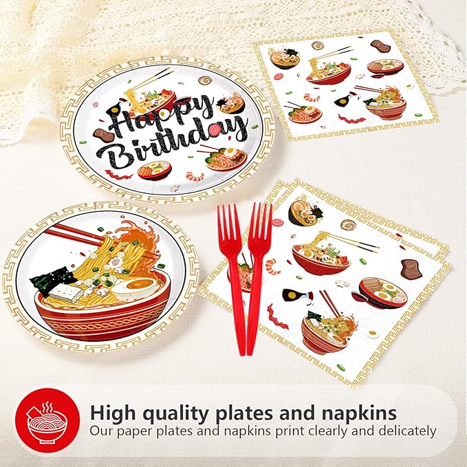 96Pcs Ramen Noodles Birthday Decorations Ramen Party Plates and Napkins Japanese Food Noodle Theme Tableware Set for Boys Girls Men Women Happy Birthday Party Supplies Serves 24