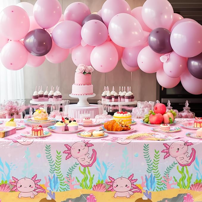 Zhehao 101 Pcs Axolotl Birthday Party Decorations Set for Girls, Pink Axolotl Reptile Animals Theme Party Supplies Includes 50 Paper Plates 50 Napkins 1 Tablecloth for Birthday Baby Shower