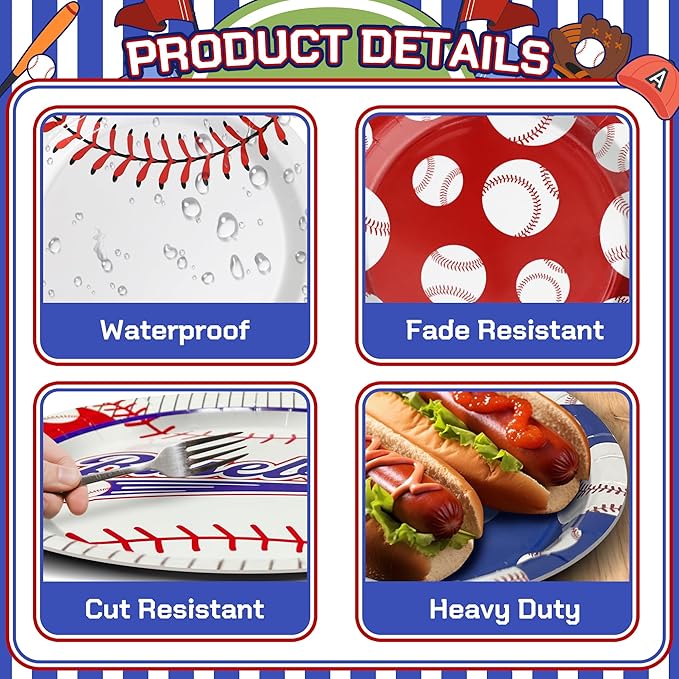 48PCS Baseball Plates, 7" Party Plates Disposable Paper Plates Baseball Themed Decorations for Baseball Birthday Gameday Celebrations Supplies