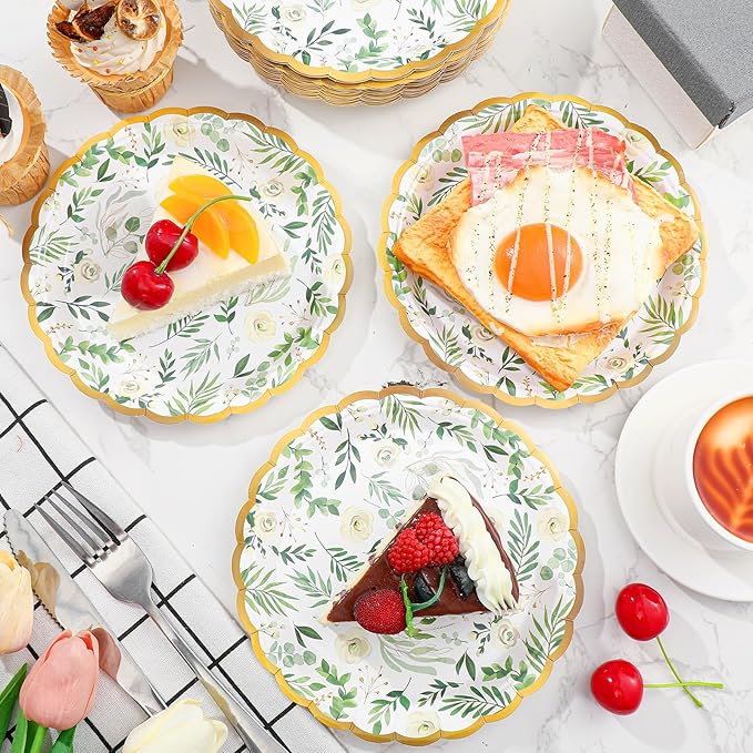 60 Pcs Eucalyptus Paper Plates 7 Inch Baby Showers Green Leaves White Flowers Dessert Disposable Dinner Summer Party Plates for Weddings Gender Reveal Afternoon Tea