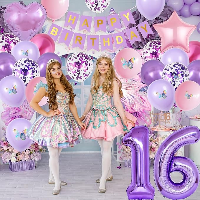 16th Purple Birthday Decorations,Pink Purple 16th Birthday Decorations for Girls Lavender Party Decor Number Foil Balloons Cake Topper Butterfly Stickers for Girls 16 Year Old Party Decorations