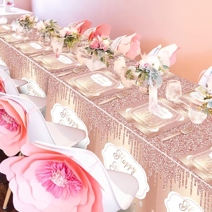 81 Pieces Rose Gold Party Decorations - Party Supplies Including Plates, Napkins, Tablecloth, Forks for Girl Women Mom Birthday, Serves 20