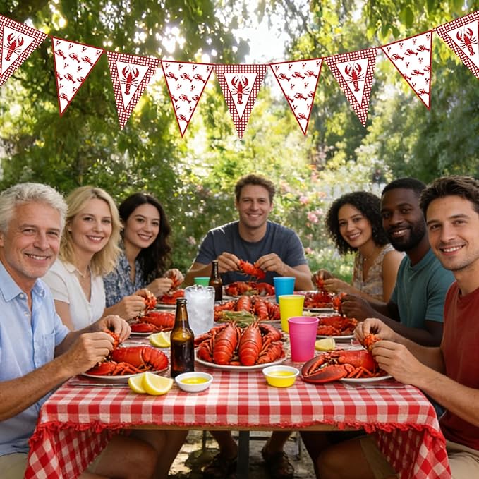 5 Pcs Crawfish Boil Party Decorations Crawfish Pennant Banner Shrimp Boil Pennant Flags Red Plaid Hanging Banner for Lobster Birthday Mardi Gras Summer Shrimp Seafood Boil Party Supplies