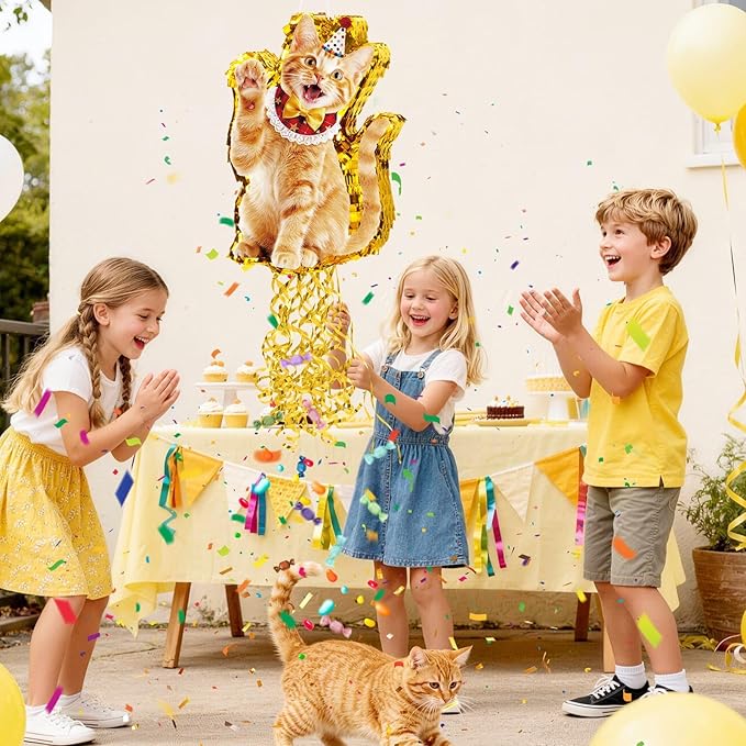 WERNNSAI Cat Piñata - Orange Cat Birthday Decorations Pull String Piñata Bundle with Blindfold and Bat Cute Animal Party Game for Kids Girls Kitten Party Supplies