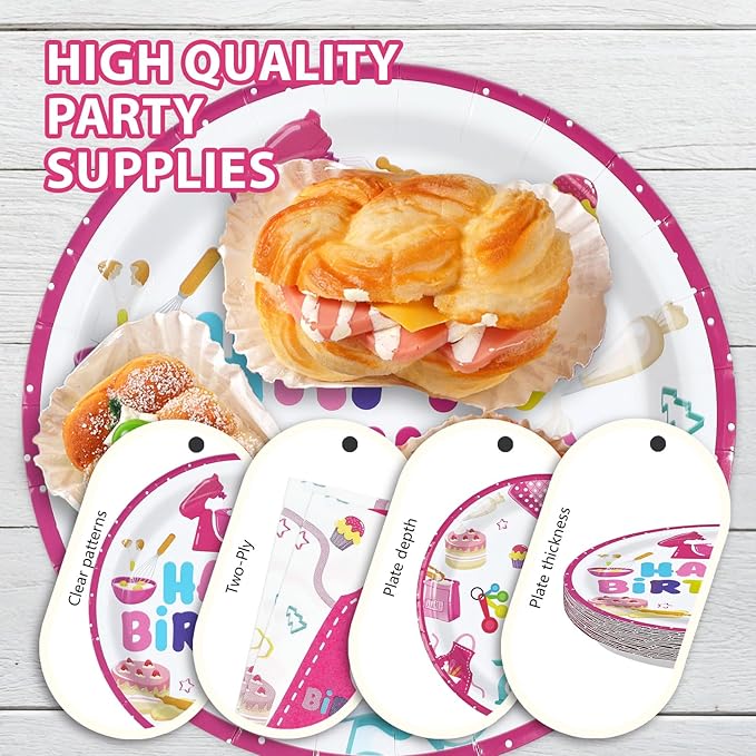 96Pcs Baking Birthday Party Supplies Pink Baking Plates and Napkins Pink Bakery Macaron Tableware Sets for Girls Kids Bakers Happy Birthday Baby Shower Party Decorations, Serves 24