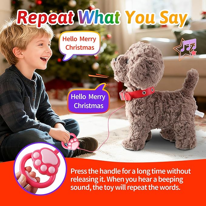 Teddy Walking Barking Dog Toy Singing Puppy Set, Repeat What You Say Teddy with Control Leash Electronic Dog, Touch or Voice Control Realistic Robot Musical Dancing Animated Plush Pet for Toddler