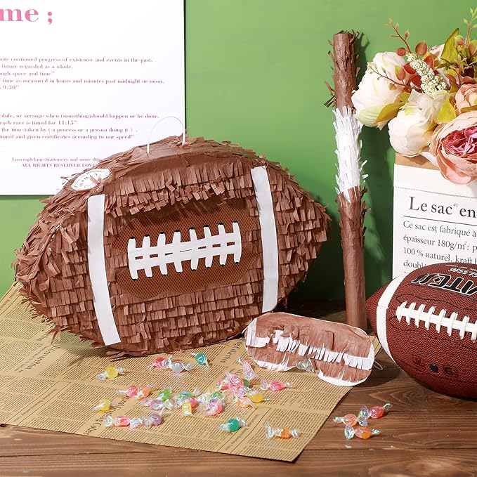 Sratte Kids Football Piñata for Birthday Decoration Football Piñata with Bat and Eye Mask for Boys Sports Birthday Party Supplies