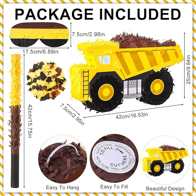 Construction Party Favors Kit Excavator Pinata with Blindfold Bat, Construction Party Supplies, Goodie Bag Fillers for Adult Birthday
