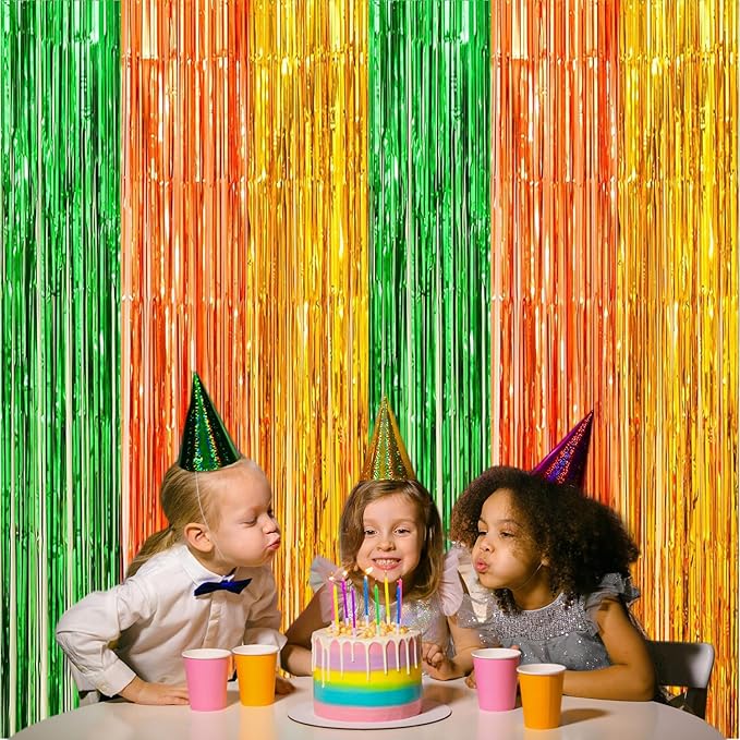 2 Pack Construction Foil Fringe Curtains, 3.3x6.6 Ft Orange Gold and Green Tinsel Backdrop Party Decorations Door Streamers for Birthday St. Patrick's Day Engagement Decor,Photo Booth Props