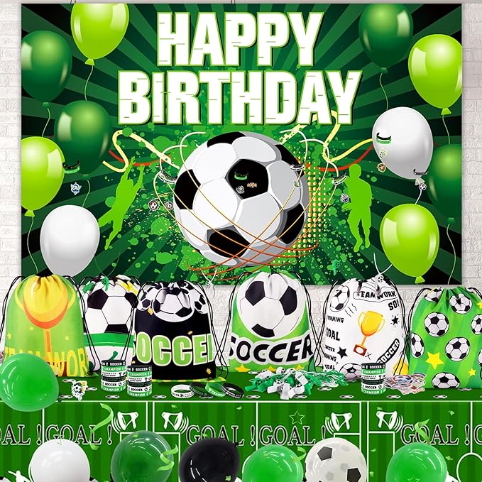 98Pcs Soccer Party Favors, Soccer Drawstring Bags with Silicone Bracelet Soccer Whistles Stickers Soccer Goodie Bags for Soccer Party Decorations Party Supplies