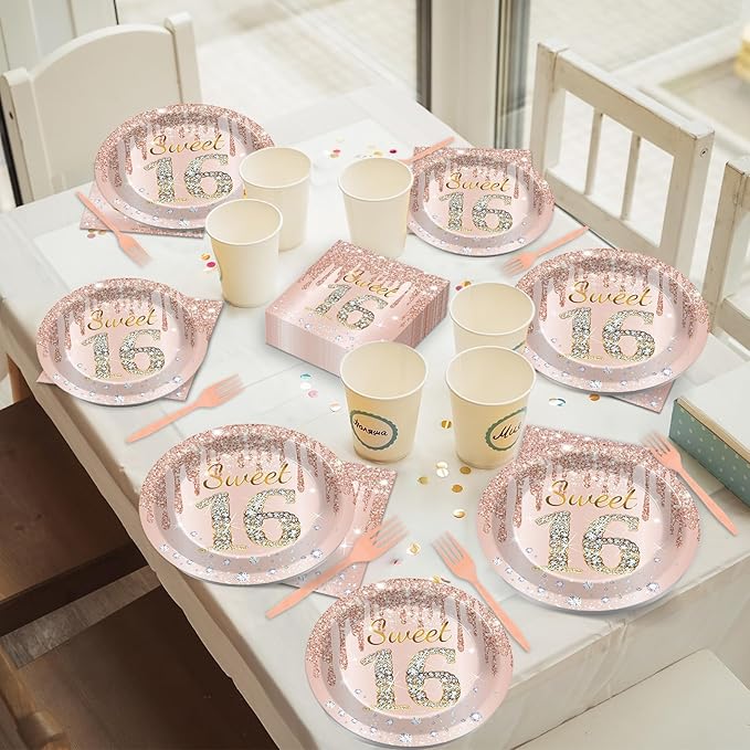 96PCS Rose Gold Sweet 16th Birthday Party Paper Plates and Napkins Sixteenth Birthday Party Decoration 16 Years Old Disposable Cake Dessert Tableware Set Serves 24 Guests Girls Ladies Supplies Favor