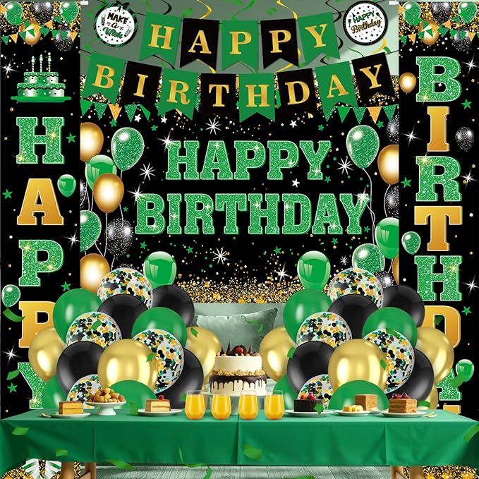 48Pcs Green and Black Birthday Decorations Black Green Gold Happy Birthday Party Supplies Happy Birthday Banner Backdrop Balloons Hanging Swirls for Women Men Boy Girls Birthday St. Patrick Day Party