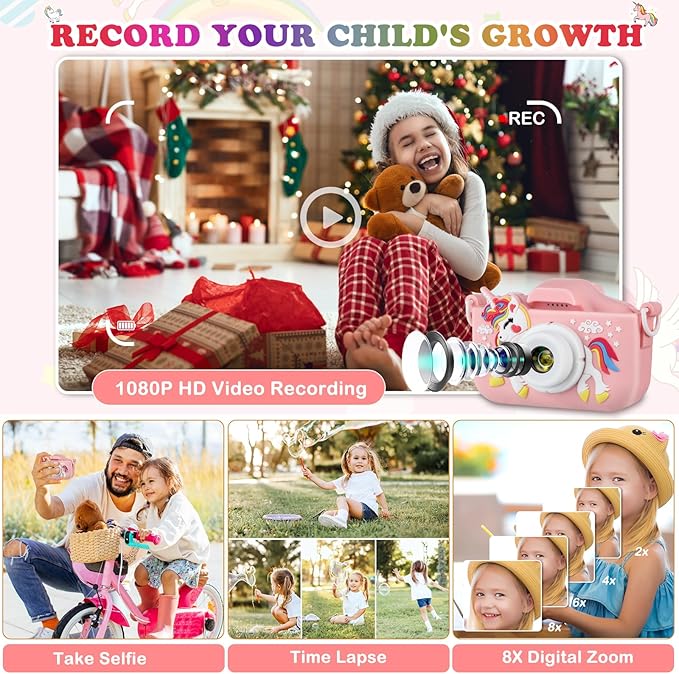 Unicorn Little Girls Toys Selfie Camera for 6-10 Years Old, HD Digital Video Camera with 32GB SD Card