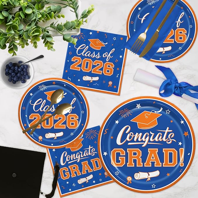 Graduation Blue Orange Party Supplies Kit Dinner Plates Dessert Plates and Napkins for Congrats Grad Party Decorations, Serves 50