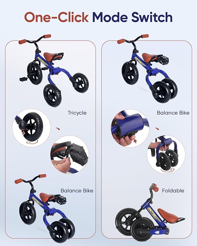 3-in-1 Foldable Tricycle and Balance Bike for Toddlers 2 to 5 Years, Tricycle for 2 Years with Adjustable Handlebar and Seat, Tricycles for 3-5 Years with DIY Plate, Blue