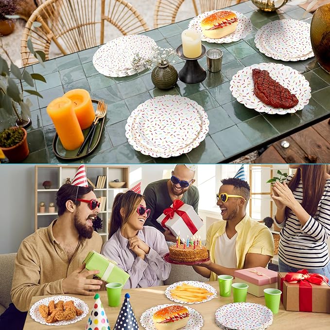 Zhehao 48 Pcs 7 Inch and 9 Inch Confetti Sprinkles Dessert Plates Set Sprinkles Paper Plates Decorations for Weddings Birthday Theme Party Supplies(Scalloped)