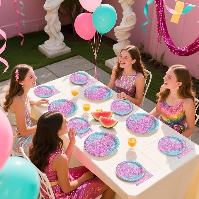 96Pcs Pastel Rainbow Party Decorations Iridescent Party Supplies 350GSM Holographic Print Rainbow Plates and Napkins Set for Baby Mermaid Birthday party Bachelorette Bridal Shower Wedding Serves 24