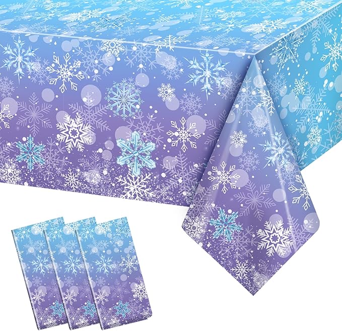 3PCS Winter Frozen Tablecloth Decorations, Blue and Purple Snowflake Winter Wonderland Disposable Rectangular PE Table Cover for Christmas Holiday New Year Birthday Party Decorations, 51.2x 86.6inch
