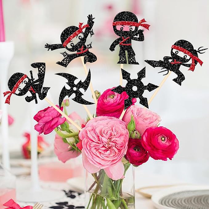 12 PCS Ninja Centerpiece Sticks Double Sided Darts Martial Arts Karate Kung Fu Warriors Table Flower Centerpieces for Ninja Theme Baby Shower Kids Birthday Party Flower Decorations Supplies