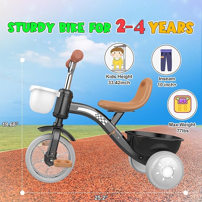 Toddler Tricycle for 1-3 3-4 Year Olds, 2 3 4 Year Old Boy Girl Birthday Gifts, Toddler Baby Bike, 3-Level Adjustable Seat, 3 Color Light Wheels, 2 Baskets, Outdoor Riding Toys for Ages 2-4