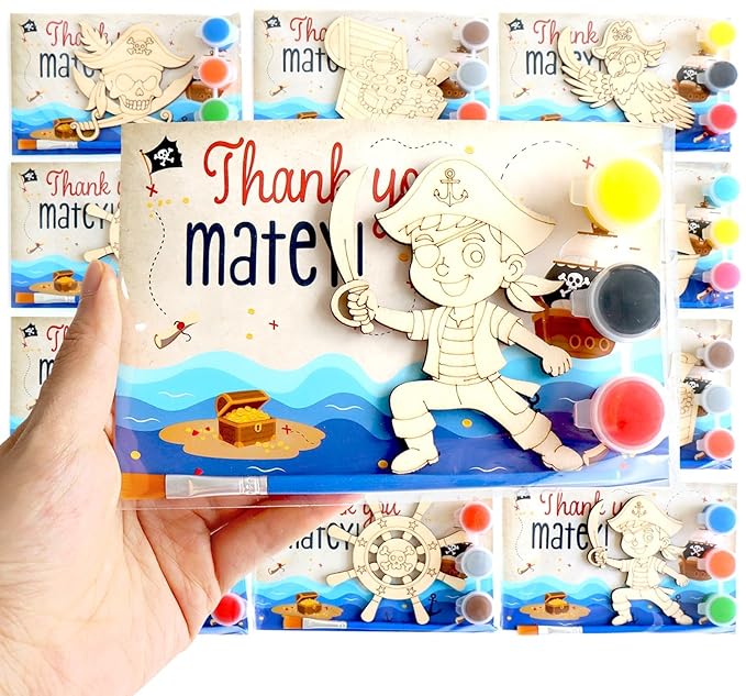 12 Pack Pirate Party Favors for Kids – Individually Wrapped Paint Your Own Wooden Magnet Craft Kits with Thank You Card, Treasure Hunt Birthday Supplies for Boys & Girls
