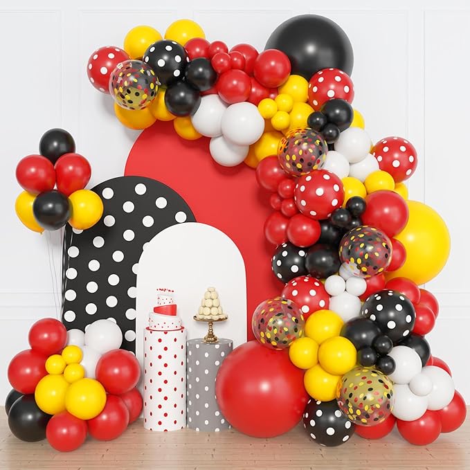Amandir 153pcs Red Yellow Black Balloon Garland Arch Kit, Different Sizes 18 12 10 5 inch Red Yellow Black Dot Latex Confetti Balloons for Cartoon Mouse Birthday Party Decoration