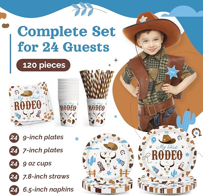 My First Rodeo Birthday Party Decorations, 120Pcs Cowboy 1st Rodeo Themed Party Supplies Disposable and Western Tableware Includes Paper Plates, Napkins, Cups and Straws | Serves 24