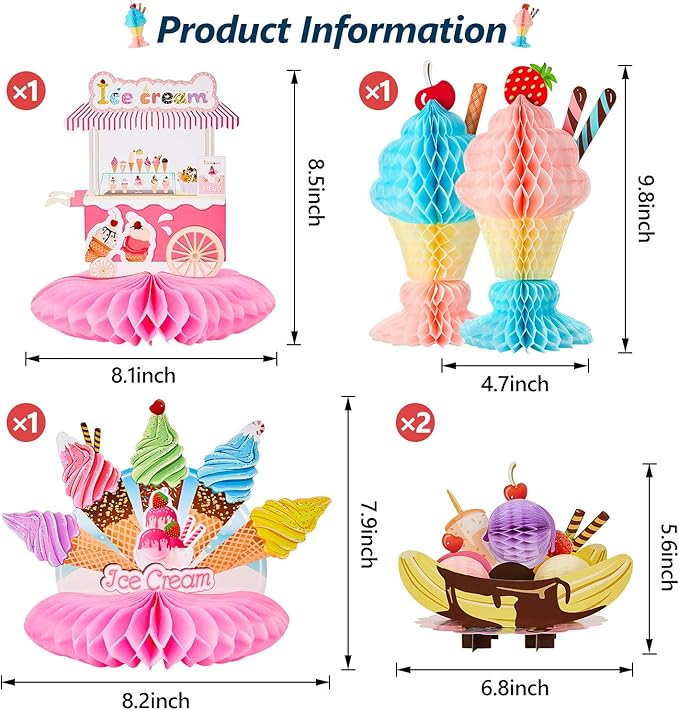Outus 6 Pieces Table Centerpiece Tissue Honeycomb Table Centerpieces for Theme Party Decorations Supplies Birthday Baby Shower(Ice Cream)