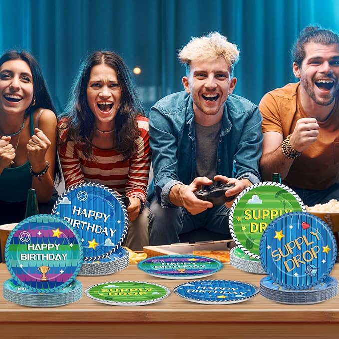 48Pcs Fort Game Plates Video Game Themed Party Supplies Gaming Tableware Dinnerware Game Party Table Decoration Gamer Dessert Plates Gaming Disposable Paper Plate Set for Teenager Kids Boy Adults Fans