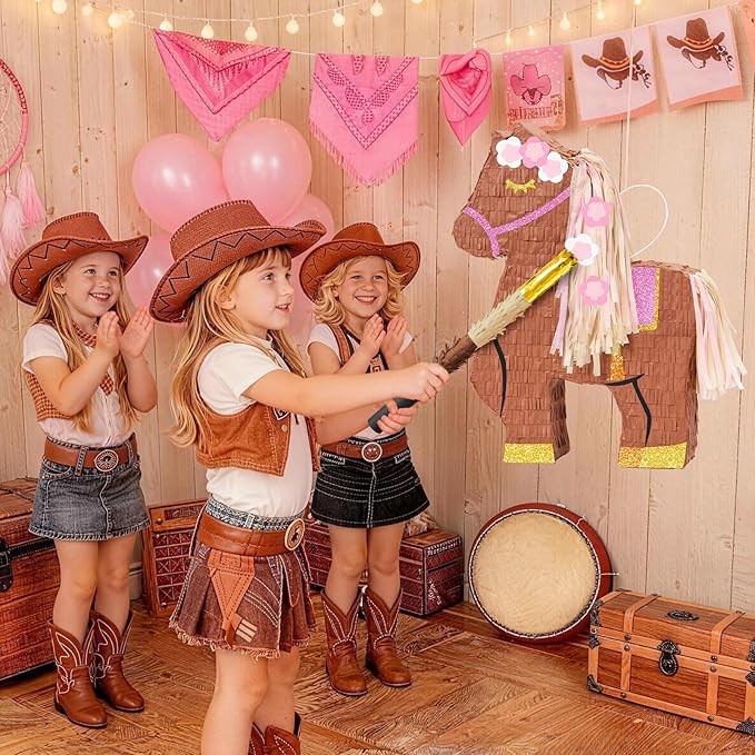 WERNNSAI Horse Piñata - Cowgirl Birthday Party Decorations Pink Brown Horse Piñata with Blindfold and Bat Western Cowgirl Party Favors for Kids Boys Classroom Activities Game