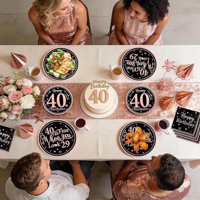 96Pcs 40th Black and Pink Birthday Party Supplies 40 Is Fine When You Look 29 Plates and Napkins Black and Pink Theme Tableware Set for Women 40th Birthday Party Decorations Serves 24