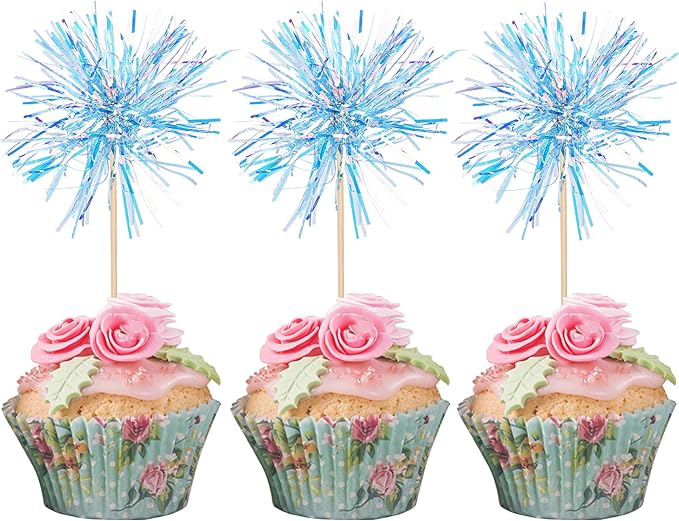 30 PCS Foil Firework Cupcake Toppers Happy Birthday Cupcake Toppers Sparkle Tinsel Flower Drink Stirrers Cocktail Fruit Toothpicks for Valentine's Day Baby Shower Party Cake Decor Supplies Blue