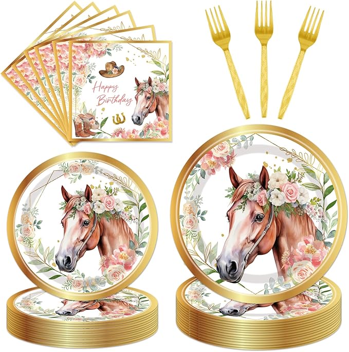 Horse Birthday Party Supplies Tableware - 96 Pcs Golden Horse Themed Plates and Napkins Sets with Forks, Cowgirl Birthday Party Decorations, Western Baby Shower Disposable Dinnerware, Serves 24